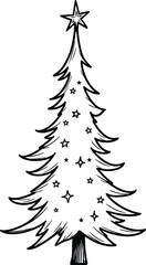 Christmas Tree Doodle Hand Drawn Vector Illustration Black and White silhouette with stars