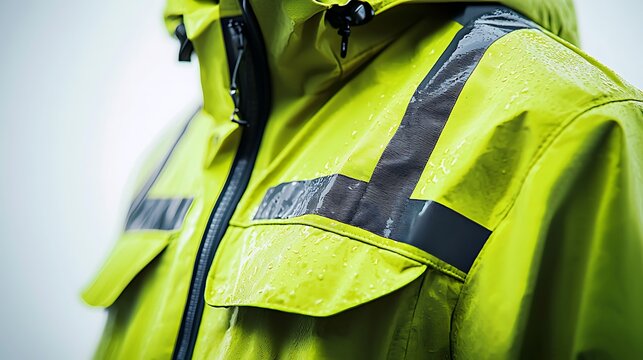 A closeup of a green work jacket with reflective stripes, designed for safety and visibility.
