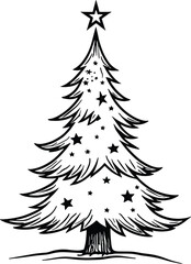 Christmas Tree Doodle Hand Drawn Vector Illustration Black and White silhouette with stars