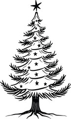 Christmas Tree Doodle Hand Drawn Vector Illustration Black and White silhouette with stars