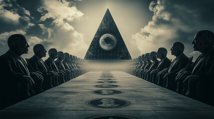 Politicians sitting at table having meeting with all seeing eye pyramid above