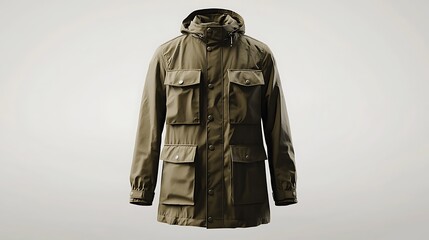 Naklejka premium An olive green hooded jacket with pockets, designed for practicality and style in any weather.