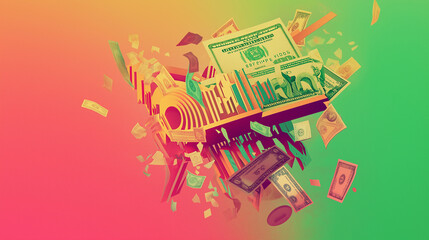 Abstract us dollar banknotes forming charts and exploding on colorful background