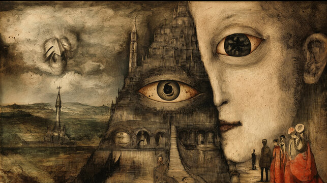 Conspiracy theory showing totalitarian state watching people with giant eye symbol