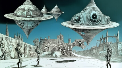 Futuristic city center with flying saucers watching over citizens