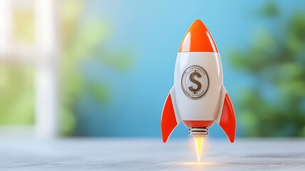 A dollar sign rocket launching upward, symbolizing startup success and financial growth.