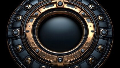 Circular Metal Frame with Gold Accents and Black Background