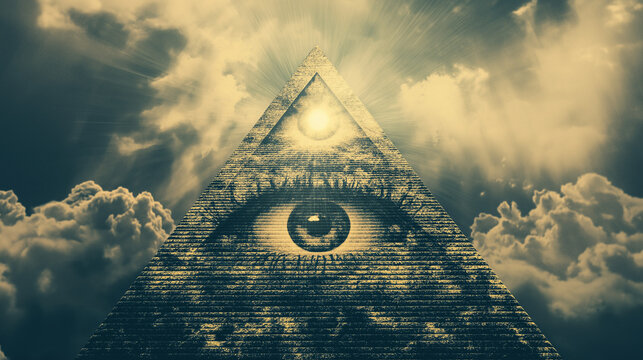 All seeing eye of providence watching over pyramid structure in cloudy sky