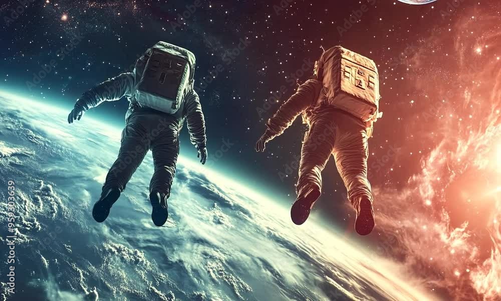 Wall mural two astronauts in space float above earth, surrounded by the vast universe