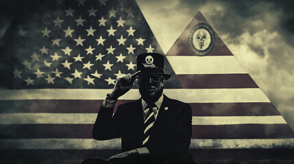Politician posing with skull and crossbones hat and american flag