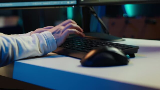 Technician doing software quality assurance, reading source code on PC before implementing it. IT admin inspecting coding on computer, looking to fix potential issues, camera A close up