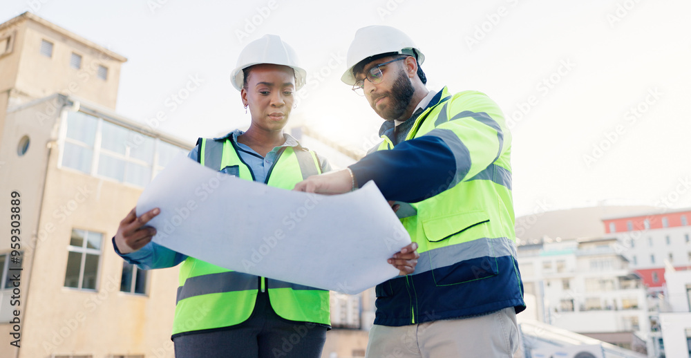 Aufkleber business people, architect and discussion with blueprint for construction, planning or building layo