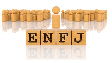 ENFJの文字が印字された木製ブロックと木製棒人間