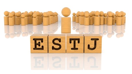 ESTJの文字が印字された木製ブロックと木製棒人間