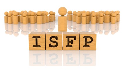 ISFPの文字が印字された木製ブロックと木製棒人間