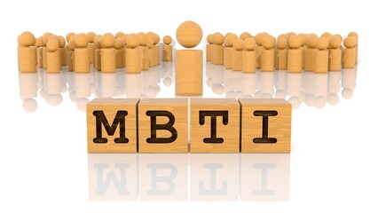 MBTIの文字が印字された木製ブロックと木製棒人間