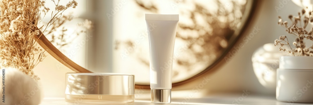 Aufkleber a tube of cream sits elegantly beside a small container, reflected in a round mirror, surrounded by 