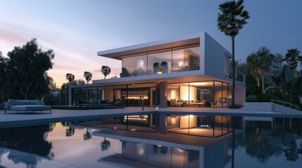 Fototapeta premium Modern Luxurious House at Dusk, Poolside Serenity 