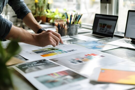 Man reviewing color swatches and designs on a desk