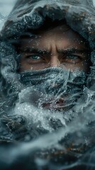 A man's face is partially obscured by ice, looking intensely at the camera. The ice is frozen around his face, and his eyes are piercing.