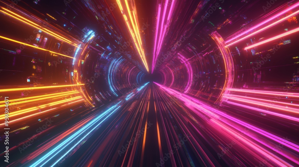 Fototapete neon tunnel of light: a mesmerizing abstract background featuring a vibrant neon tunnel of light, il