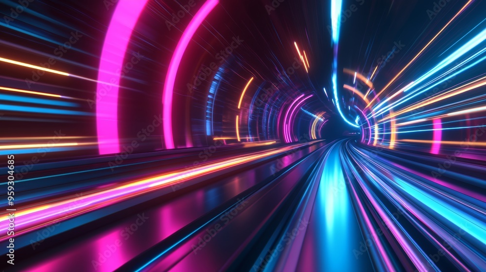 Fototapete neon tunnel of light: an abstract journey through a futuristic tunnel, pulsating with vibrant neon l
