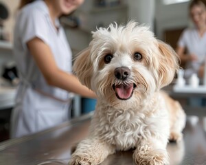 Dog grooming in a pet salon, playful and inviting, Urban, Soft hues, Photograph, Pet care