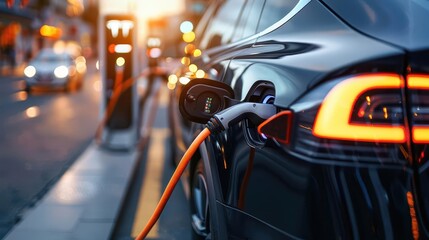 Electric car charging at a station, sleek and modern, Urban, Cool tones, Photograph, Sustainable transport