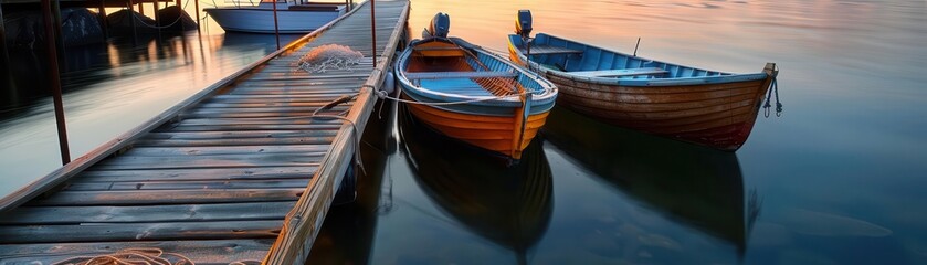 Obraz premium Fishing dock with boats and nets, rustic and serene, Coastal, Cool tones, Photograph, Maritime life