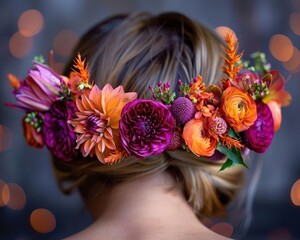 Naklejka premium Flower crown with vibrant blooms, artistic and playful, Botanical, Bright hues, Photograph, Floral accessory