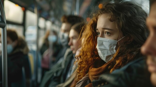 Public Bus During Pandemic, Masked Woman in Scarf, Urban Commuting Tension
