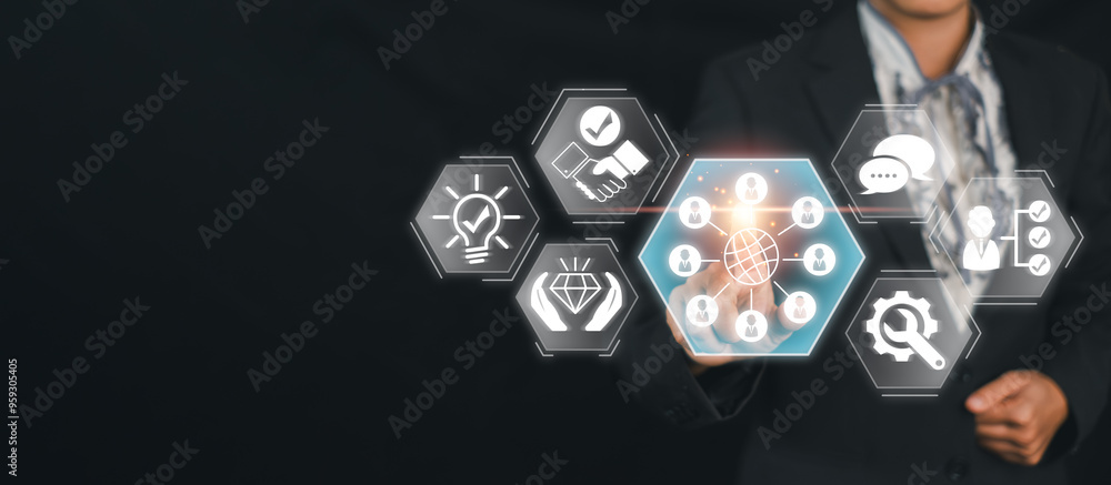 Poster a businessman in a suit interacts with a digital interface showcasing various icons representing glo