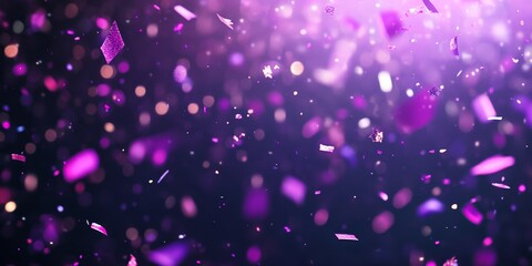 Purple bokeh background with soft light spots tinsel and confetti in shades lilac gold dark