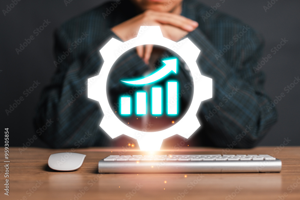 Poster conceptual image of business improvement process with a glowing growth chart and gear symbol above a