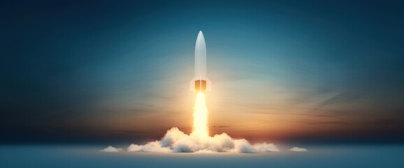 A rocket is launching into the sky, leaving a trail of smoke behind it