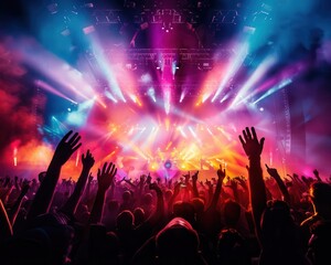 Music festival with vibrant crowds, dynamic and lively, Urban, Bright hues, Photograph, Live entertainment