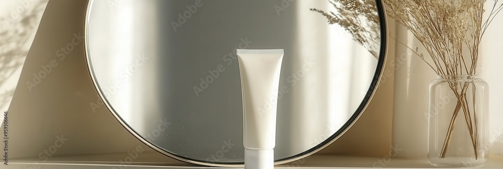 Poster A tube of cream is positioned in front of a mirror, casting a delicate reflection, surrounded by a minimalist, tranquil environment. Generative AI