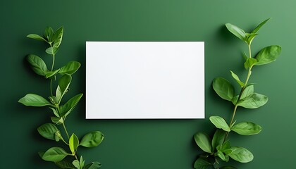 On a dark green background, a white card is placed with several green plant leaves dotted around it, giving a fresh and natural feeling overall.