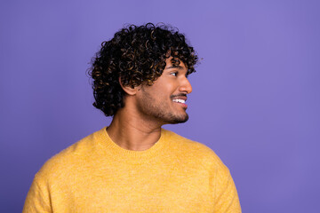 Profile side photo of handsome nice latin bearded man wear trendy yellow clothes empty space isolated on violet color background