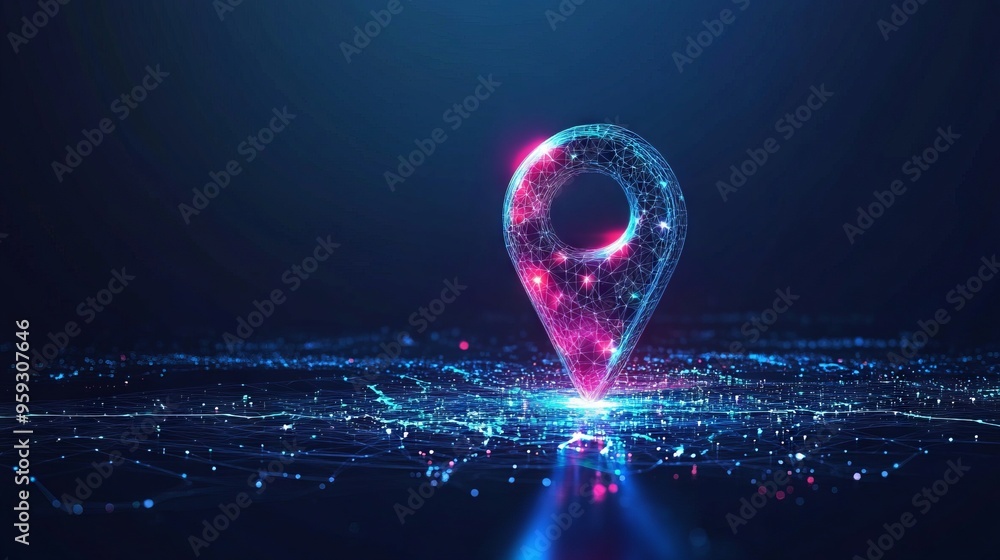 Poster abstract location pin. digital gps light icon. low poly wireframe vector illustration in futuristic 