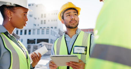 Tablet, group and construction engineers on site for city planning, maintenance or repairs....