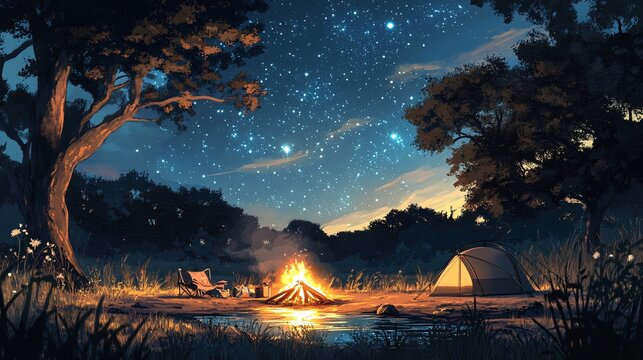 wallpaper of comfortable camping site in the night of the forest or savana with constellation and the stars, anime style