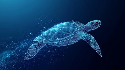 Fototapeta premium Abstract swimming sea turtle in polygons on technology blue background. Low poly wire frame marine life concept. Polygonal 3D vector illustration.