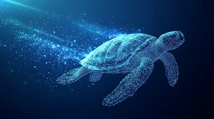 Obraz premium Abstract swimming sea turtle in polygons on technology blue background. Low poly wire frame marine life concept. Polygonal 3D vector illustration.