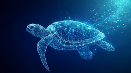 Obraz premium Abstract swimming sea turtle in polygons on technology blue background. Low poly wire frame marine life concept. Polygonal 3D vector illustration.
