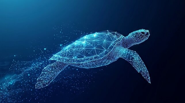 Abstract swimming sea turtle in polygons on technology blue background. Low poly wire frame marine life concept. Polygonal 3D vector illustration.