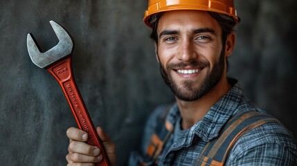 Smiling Young Plumber in a Hard Hat Holding a Red Metal Pipe Wrench, Posing Against a Gray Background with Copy Space, Portrait of a Handsome Mechanic or Electrician for Banner Template


