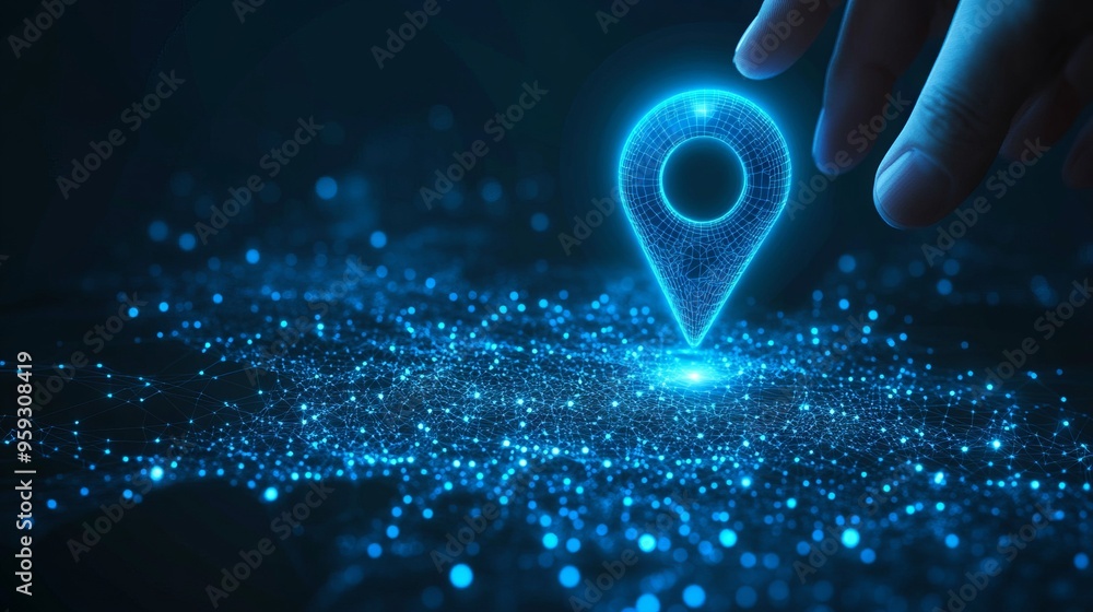 Poster light blue gps pin and human hand. digital finger touching on abstract location pin mark on technolo
