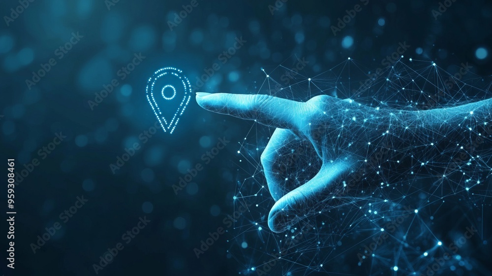 Poster light blue gps pin and human hand. digital finger touching on abstract location pin mark on technolo