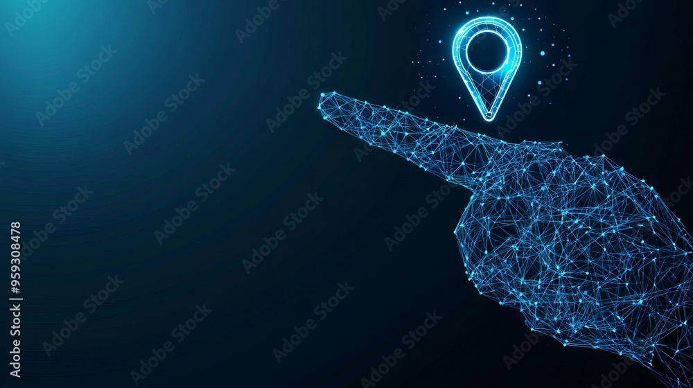 Poster light blue gps pin and human hand. digital finger touching on abstract location pin mark on technolo